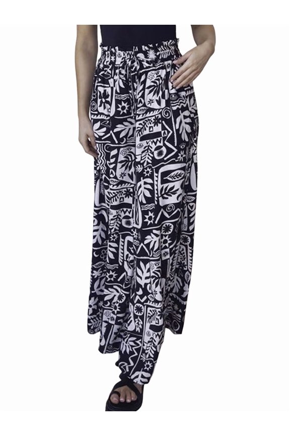 Women Casual Elastic Drawstring Floral Print Wide Leg Maxi Pants with Pockets