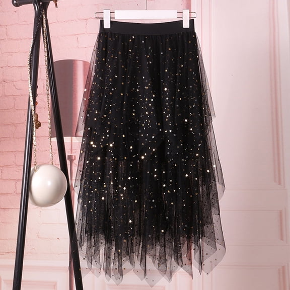 Women Casual Elastic High Waist Blingbling Mesh Skirt Tutu Skirt Irregular Hem Skirt Belly Fringe Skirt Mesh Skirt Womens Long Skirts Womens Bathing Suits with Skirts Cow Skirt Midi Skirts for Women
