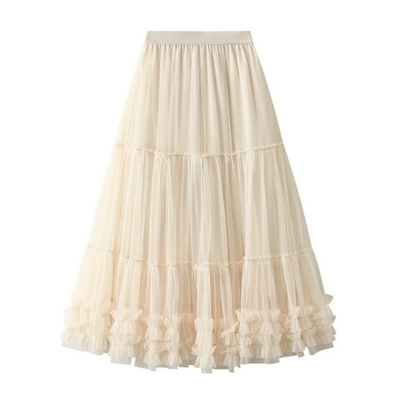 Women Casual Elastic High Waist Mesh Tutu Pleated Cake Skirt Flowy A-Line Mini Midi Fashion Summer Party Wear