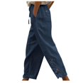 thumbnail image 1 of Women Casual Elastic Waist Linen Crop Pants Wide Leg Loose Side Lace Palazzo Pants with Pockets Summer Beach Gauze Trousers, 1 of 7