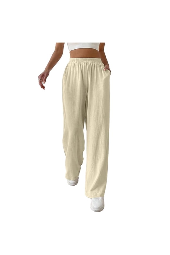 Women Casual Elastic Waist Loose Paper Bag Pants with Pockets Beige L