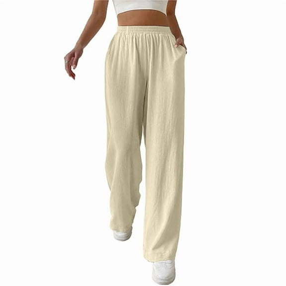 Women Casual Elastic Waist Loose Paper Bag Pants with Pockets Beige S