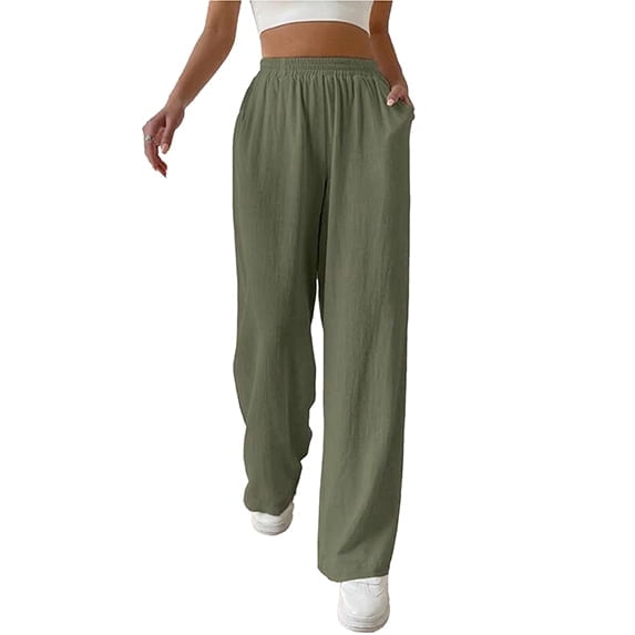 Women Casual Elastic Waist Loose Paper Bag Pants with Pockets Green M