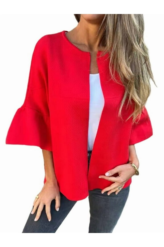 Women Casual Elegant Open Front Flared 3/4 Sleeve Tailored Cardigan Suit Jacket Red S