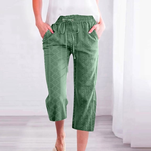 Women Casual Embroidery Eyelet Elastic Drawstring Capri Pants Fashion Solid Color Capri Leggings With Pocket Casual Dress Pants for Women High Waist plus Size Womens Pants Casual Loose Fit Pants for