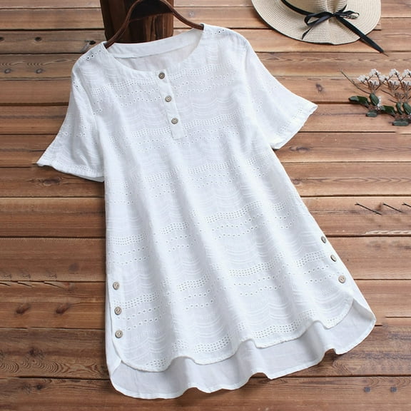 Women Casual Embroidery Eyelet Short Sleeve Lightweight T Shirt Tops Button Down Crew Neck Loose Fit Tee Shirts Womens Casual Tees Long Fitted Shirts for Women Shirt of Women Womens Athletic Tops