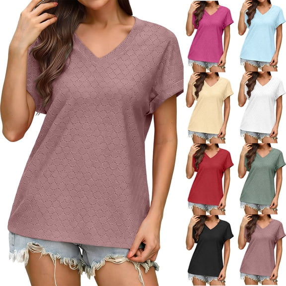 Women Casual Eyelet Tshirts Summer Texture V Neck Short Sleeve Blouses Loose Fit Solid Color Shirts Trendy Comfy Soft Tops