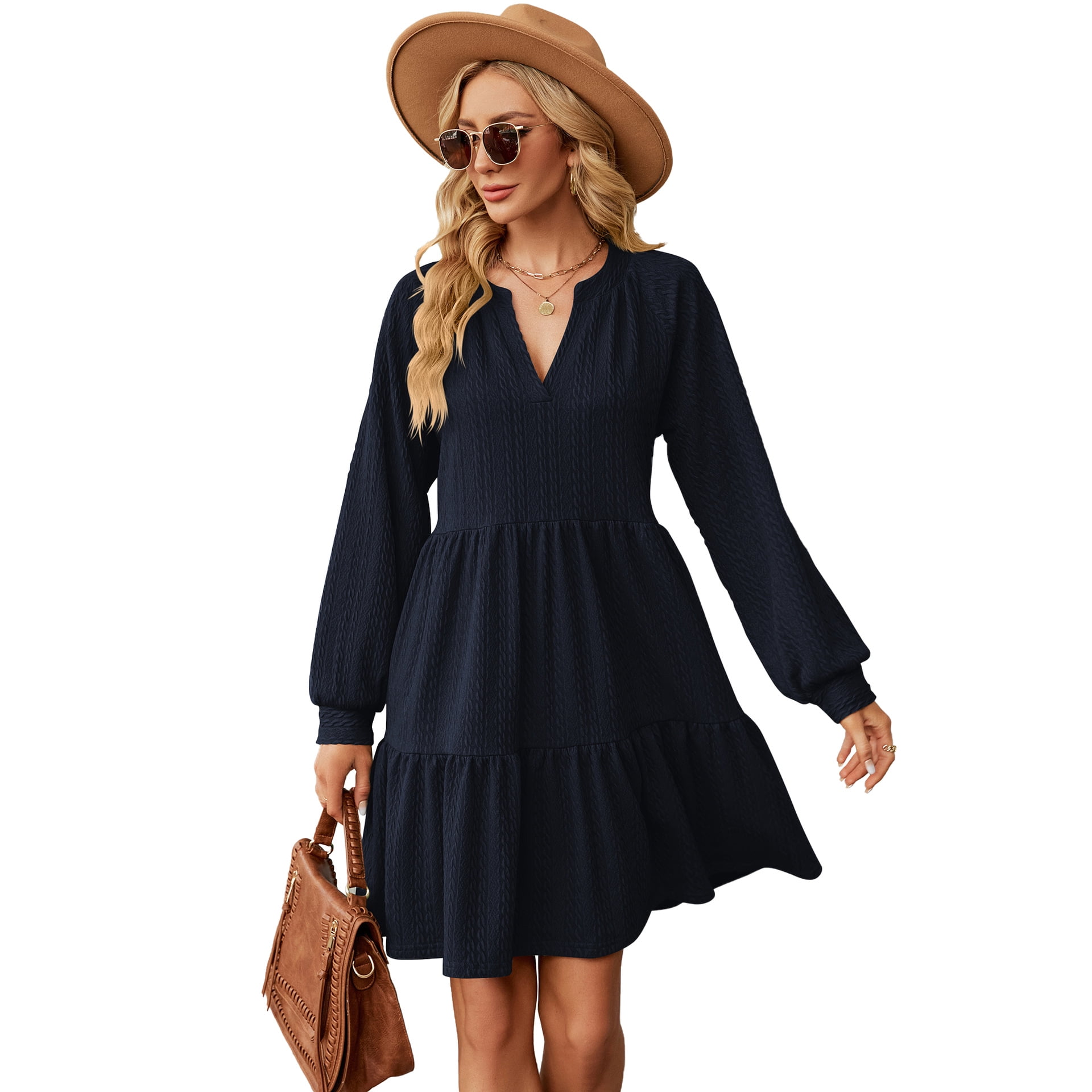 Women Casual Fall Dresses V Neck Long Sleeve Ruffle Dresses Autumn A