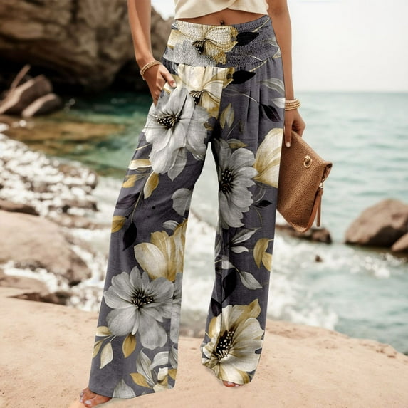 Women Casual Fashion High Waist Elastic Waist Wide Leg Pants Printed Loose Wide Leg Trousers Long Dress Pants for Women Business Casual Women Casual Pants Suits plus Size Womens Business Casual Pants