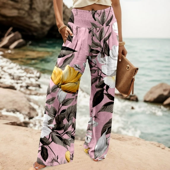 Women Casual Fashion High Waist Elastic Waist Wide Leg Pants Printed Loose Wide Leg Trousers Long Dress Pants for Women Business Casual Women Casual Pants Suits plus Size Womens Business Casual Pants