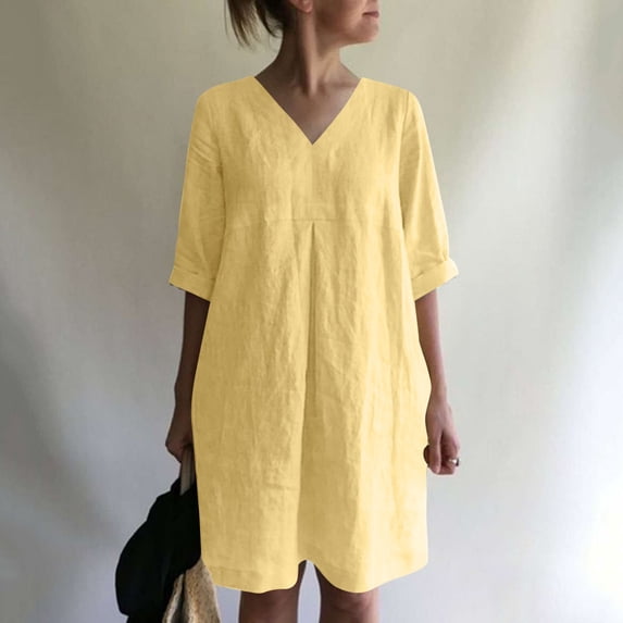 Women Casual Fashion Solid Color Button V Neck Short Sleeve Shirt Dress Dresses Women Casual Summer Short Casual Dress Button Front Dresses Summer Dresses for Women Casual Beach Dress Summer V Neck
