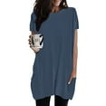 thumbnail image 1 of Hauaitttt Women Casual Fashion Solid Color Round Neck Short Sleeve Pocket Long Top New Day Shirt Long Sleeve Fitted Long Sleeve Spandex Shirt Athletic Tops for Women Short Sleeve Lightweight T Shirts, 1 of 3