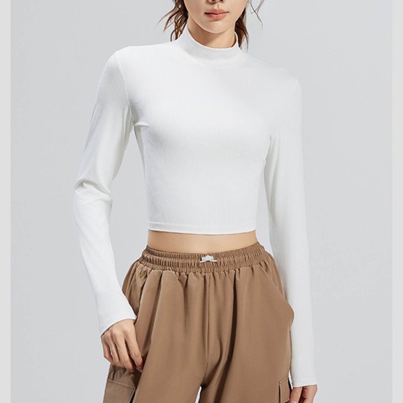 Women Casual Fashion Solid Color Sports Yoga Long Sleeve Top Quick Dry Round Neck Shirt Womens Workout Athletic Tee Comfortable Stretchy Gym Wear