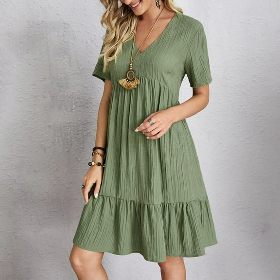Women Casual Fashion Solid Color V Neck Short Sleeve Shirt Dress Swing Dress with Buttons T Shirts for Dress Women Dresses Casual Midi Shirt Dress Mature Womens Dresses Summer Mini Dress T Shirt