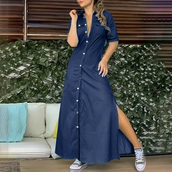 Women Casual Fashion Solid Dress Turndown Collar Long Sleeve Dress Loose Dress Womens Casual Dresses Short Womens Dress Ruffles Womens Dresses V Neck Dress for Women plus Maxi Dress Casual Wrap