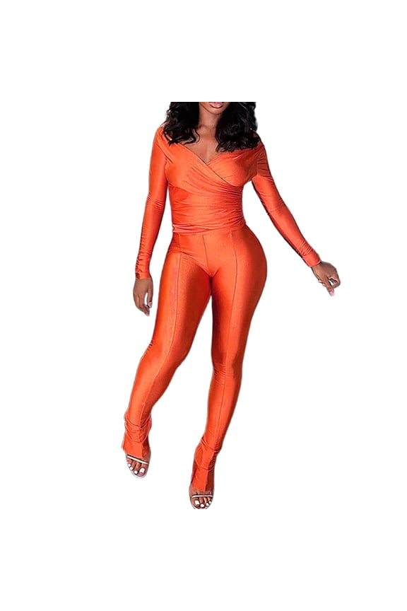 Women Casual Fashion Solid V Neck Long Sleeve Shirt Blouse Elastic Waist Pant Set Suits