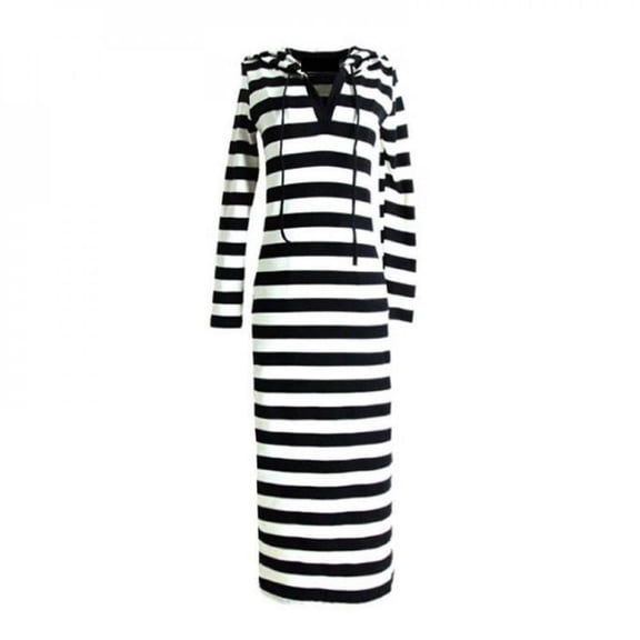 Women Casual Fashion Stripes Print Hoodie Dress Long Sleeve Female Loose Long Maxi DressesNEW