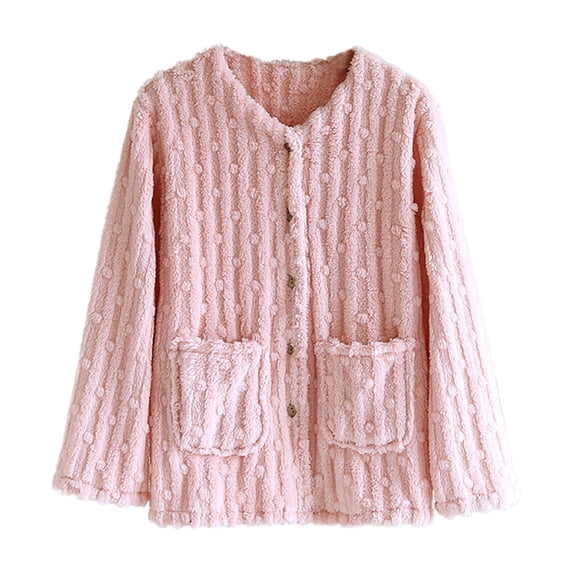 Women Casual Flannel Fuzzy Pajama Coat Loose Sherpa Fleece Button Long Sleeve House Jacket Soft Lightweight Winter Warm Loungewear