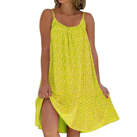 Women Casual Floral O Neck Ruffle Hem Spaghetti Strap Sleeveless Short Dress Beach Dress Summer Dresses Medium A Dress Women Women's Summer Dresses Casual V Neck Tunic Dress for Women All Women's
