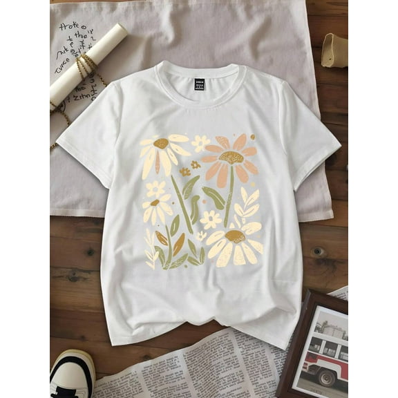 Women Casual Floral Print Fitted Short Sleeve Graphic T-Shirt
