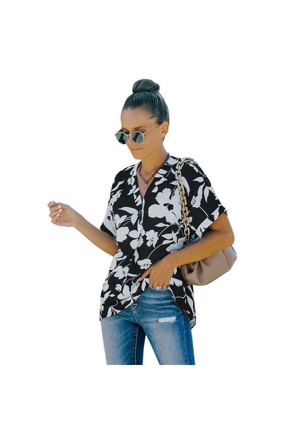 Women Casual Floral Shirts Loose Short Sleeve Button down Chiffon Blouse Top Summer