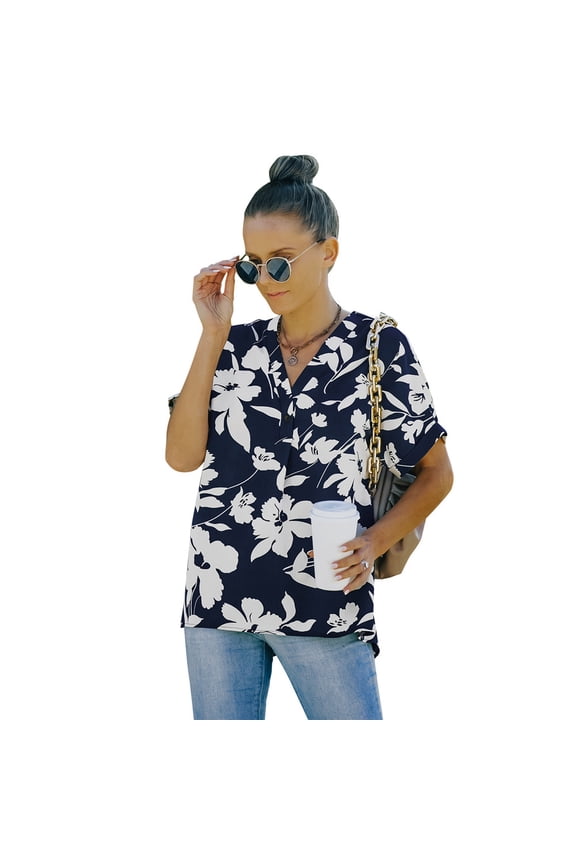 Women Casual Floral Shirts Loose Short Sleeve Button down Chiffon Blouse Top Summer