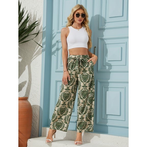 Women Casual Floral Wide Leg Pants With Pockets Lady High Waist Adjustable Flowy Tie Knot Loose Trousers Business Work Casual Long Pants