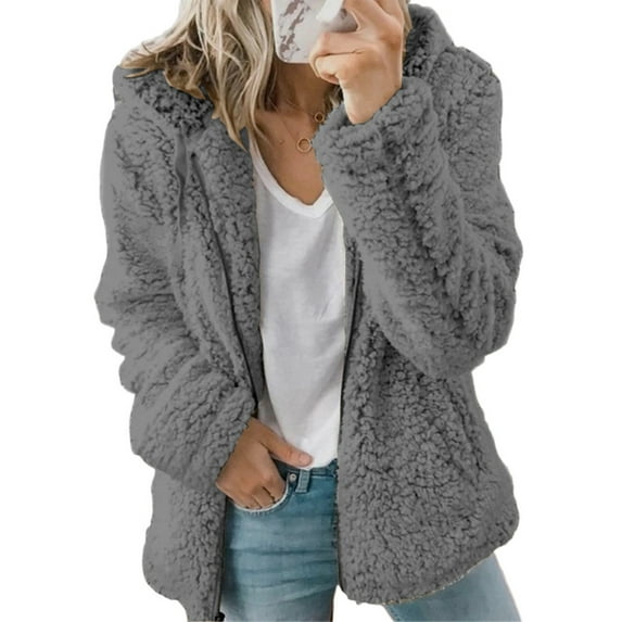 Women Casual Fluffy Fleece Jacket Long Sleeve Zip Up Hooded Sweatshirt Sherpa Coat Outerwear Pullover Hoodies