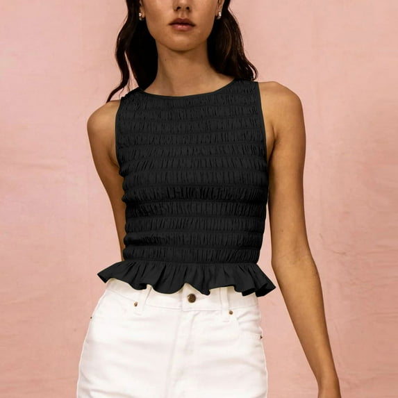 Women Casual Frill Smocked Ruffle Hem Crop Tank Top Shirred Crew Neck Sleeveless Slim Fit Solid Crop Vest Tops