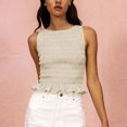 thumbnail image 1 of Women Casual Frill Smocked Ruffle Hem Crop Tank Top Shirred Crew Neck Sleeveless Slim Fit Solid Crop Vest Tops, 1 of 6