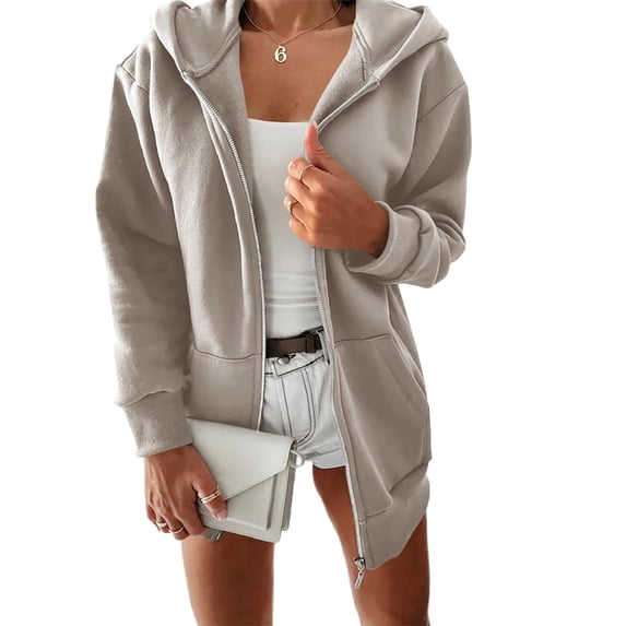 Women Casual Full Zip Up Plush Hoodie Solid Sweatshirt Long Sleeve Jacket with Pockets