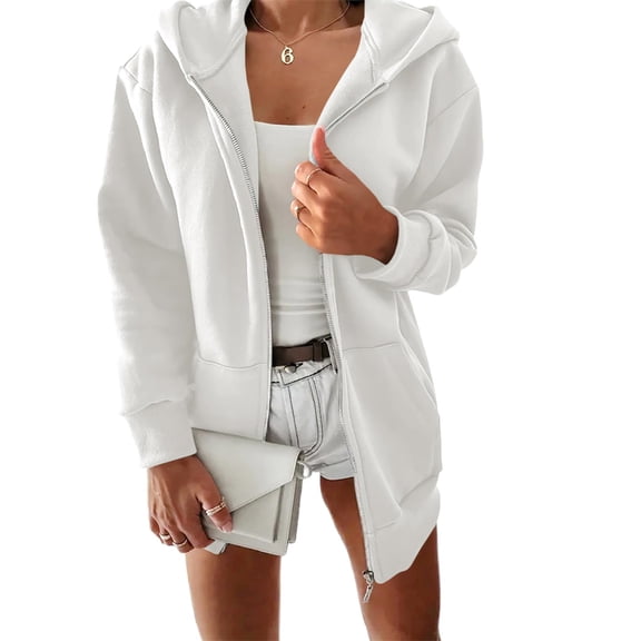 Women Casual Full Zip Up Plush Hoodie Solid Sweatshirt Long Sleeve Jacket with Pockets