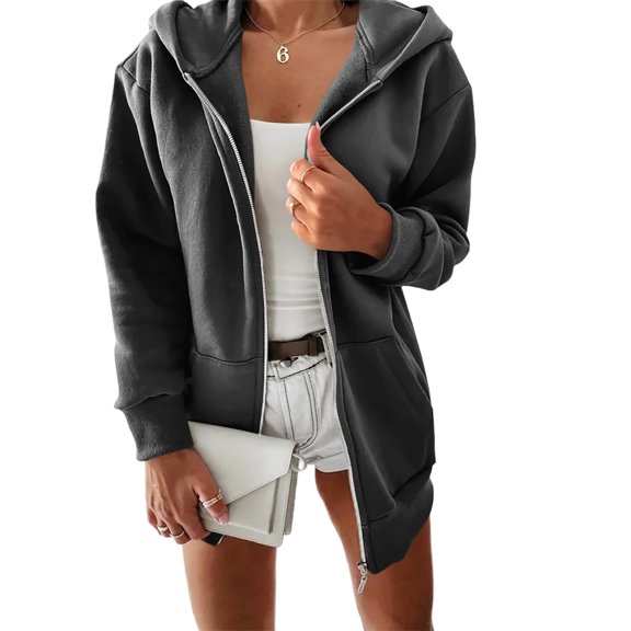 Women Casual Full Zip Up Plush Hoodie Solid Sweatshirt Long Sleeve Jacket with Pockets