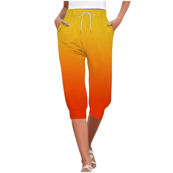 Women Casual Gradient Print High Waist Capris - Cotton & Polyester, Drawstring Joggers, S-XXL, Suitable for Office/Party/Vacation