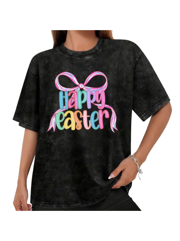 Women Casual Happy Easter Bow Graphic Tees Cotton Crew Neck Printed T Shirt Tops Washed T Shirt Black S-2XL Plus Size