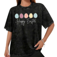 thumbnail image 1 of Women Casual Happy Easter Eggs Graphic Tees Cotton Crew Neck Printed T Shirt Tops Washed T Shirt Black S-2XL Plus Size, 1 of 5