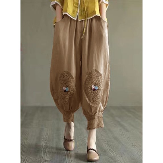 Women Casual Harem Pants New 2024 Summer Vintage Flower Embroidered Cotton Bloomers Female Ankle-Length Lantern Pants 4XL