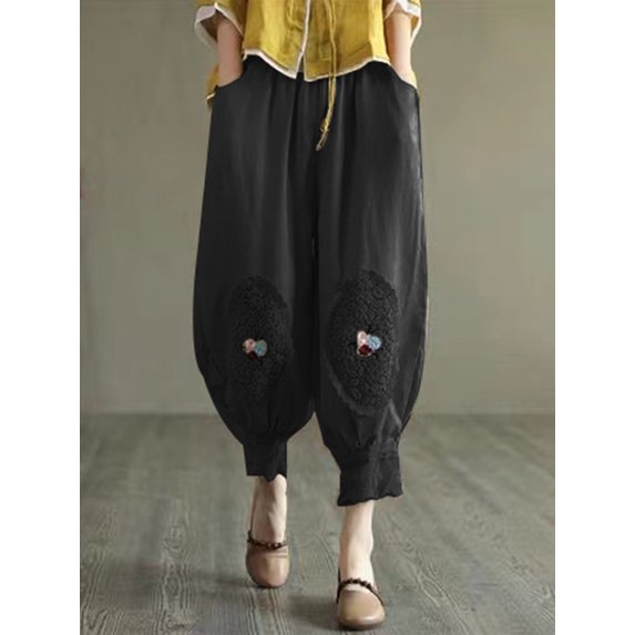 Women Casual Harem Pants New 2024 Summer Vintage Flower Embroidered Cotton Bloomers Female Ankle-Length Lantern Pants 4XL