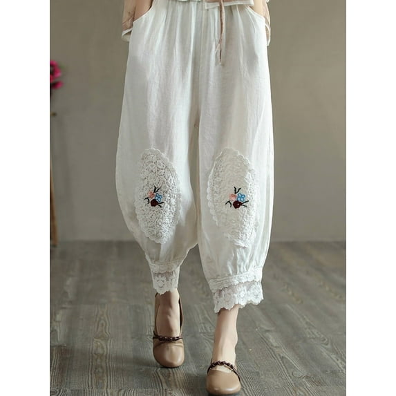 Women Casual Harem Pants New 2024 Summer Vintage Flower Embroidered Cotton Bloomers Female Ankle-Length Lantern Pants 4XL