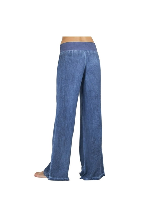 Women Casual High Waist Elasticity Wide Leg Palazzo Pants Trousers Spring Trendy Olyvenn Women Trendy Homewear Relaxed Fit Long Denim Jeans Blue S