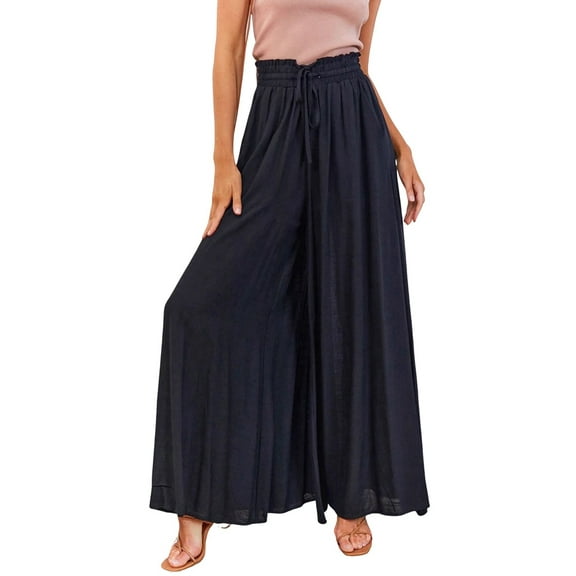 Women Casual High Waist Spring Fall Solid Color Long Wide Leg Pants Casual with Pockets Black L