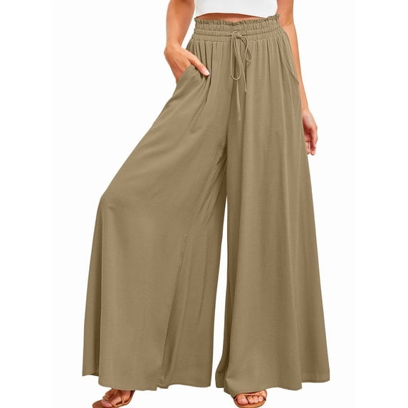 Women Casual High Waist Spring Fall Solid Color Long Wide Leg Pants Casual with Pockets Linen Cyan S