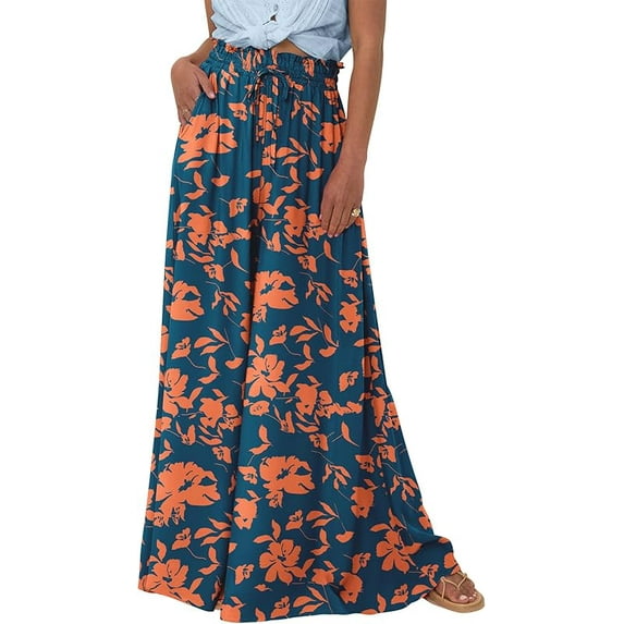 Women Casual High Waist Wide Leg Pants Summer Floral Solid Long Palazzo Pants Lounge Beach Trousers with Pocket