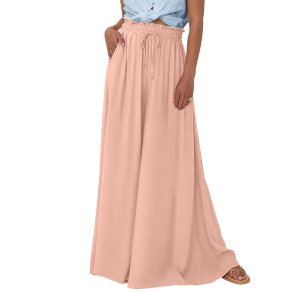Women Casual High Waist Wide Leg Pants Summer Long Palazzo Pants Pocket Lounge Vacation Clothes Apricot L