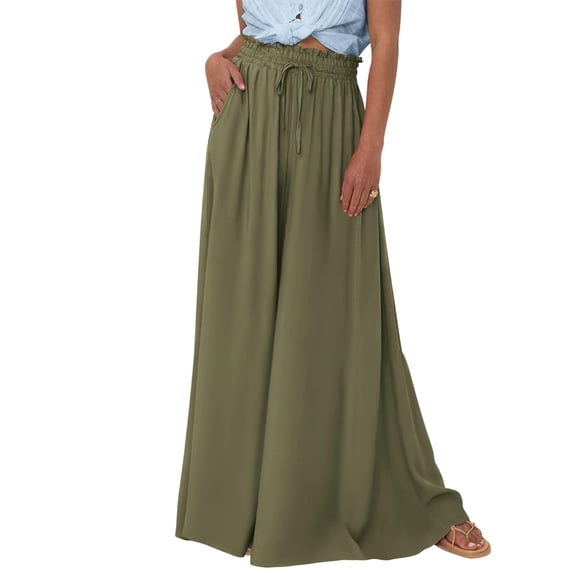 Women Casual High Waist Wide Leg Pants Summer Long Palazzo Pants Pocket Lounge Vacation Clothes Army Green M