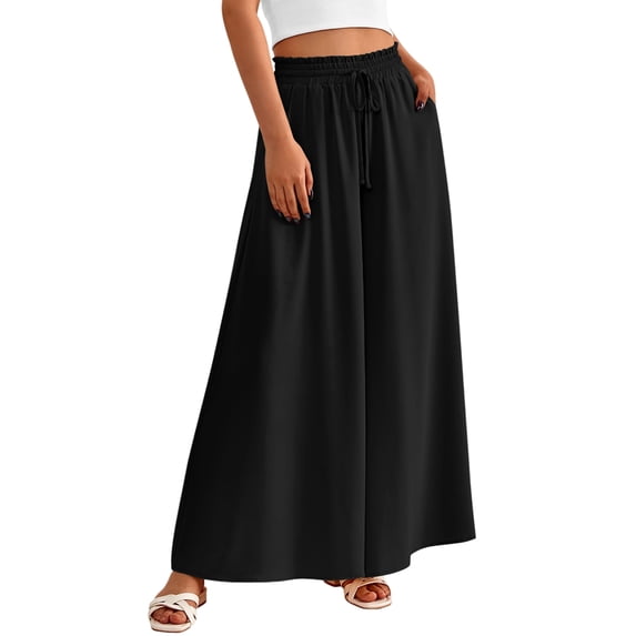 Women Casual High Waist Wide Leg Pants Summer Long Palazzo Pants Pocket Lounge Vacation Clothes Black Print XL