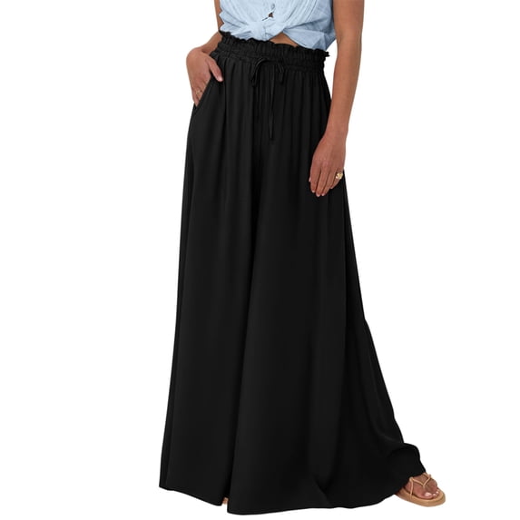Women Casual High Waist Wide Leg Pants Summer Long Palazzo Pants Pocket Lounge Vacation Clothes Black Print XXL