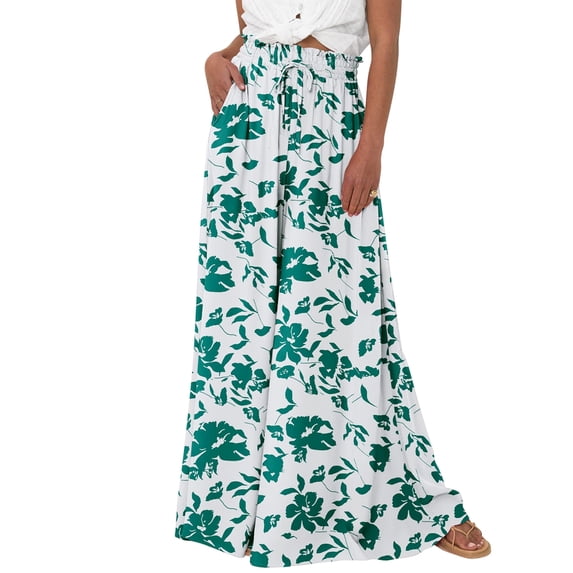 Women Casual High Waist Wide Leg Pants Summer Long Palazzo Pants Pocket Lounge Vacation Clothes Green Print XL