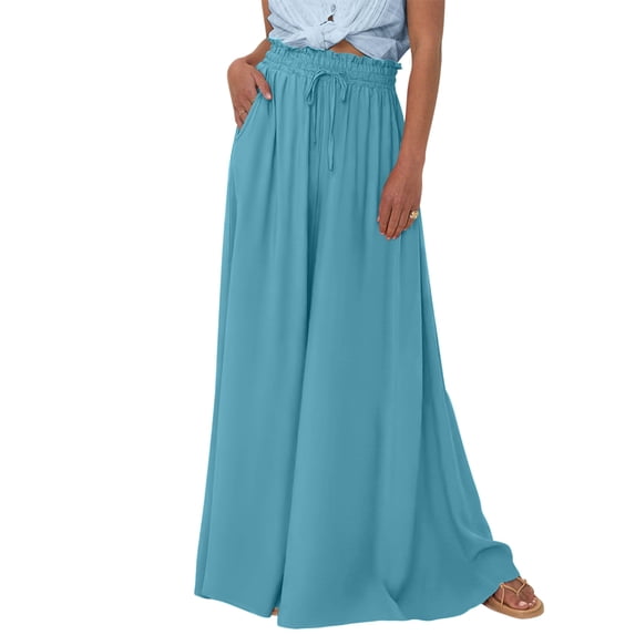 Women Casual High Waist Wide Leg Pants Summer Long Palazzo Pants Pocket Lounge Vacation Clothes Light Blue L