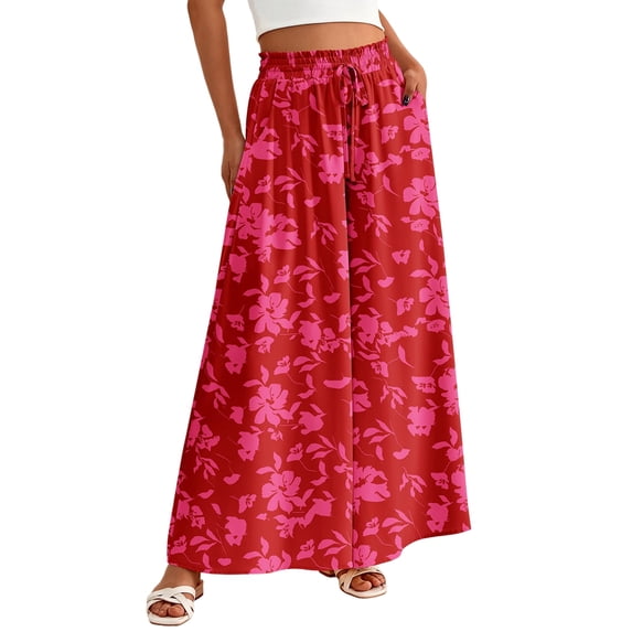 Women Casual High Waist Wide Leg Pants Summer Long Palazzo Pants Pocket Lounge Vacation Clothes Red Print XL